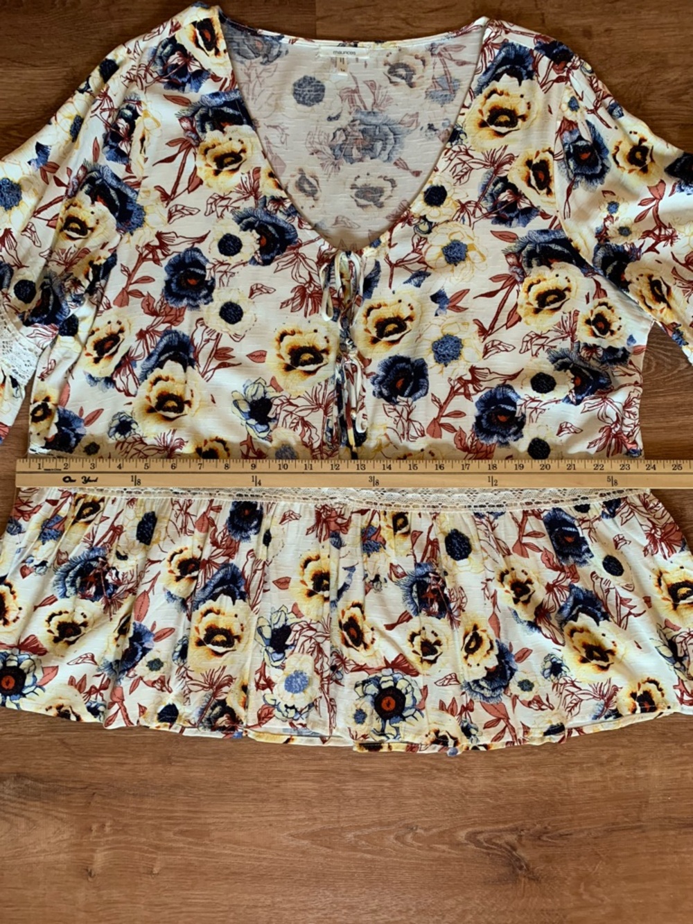 Maurices NWOT Floral Babydoll Peplum Boho Peasant Top 1X Lace Trim Cream Blue - Picture 9 of 14